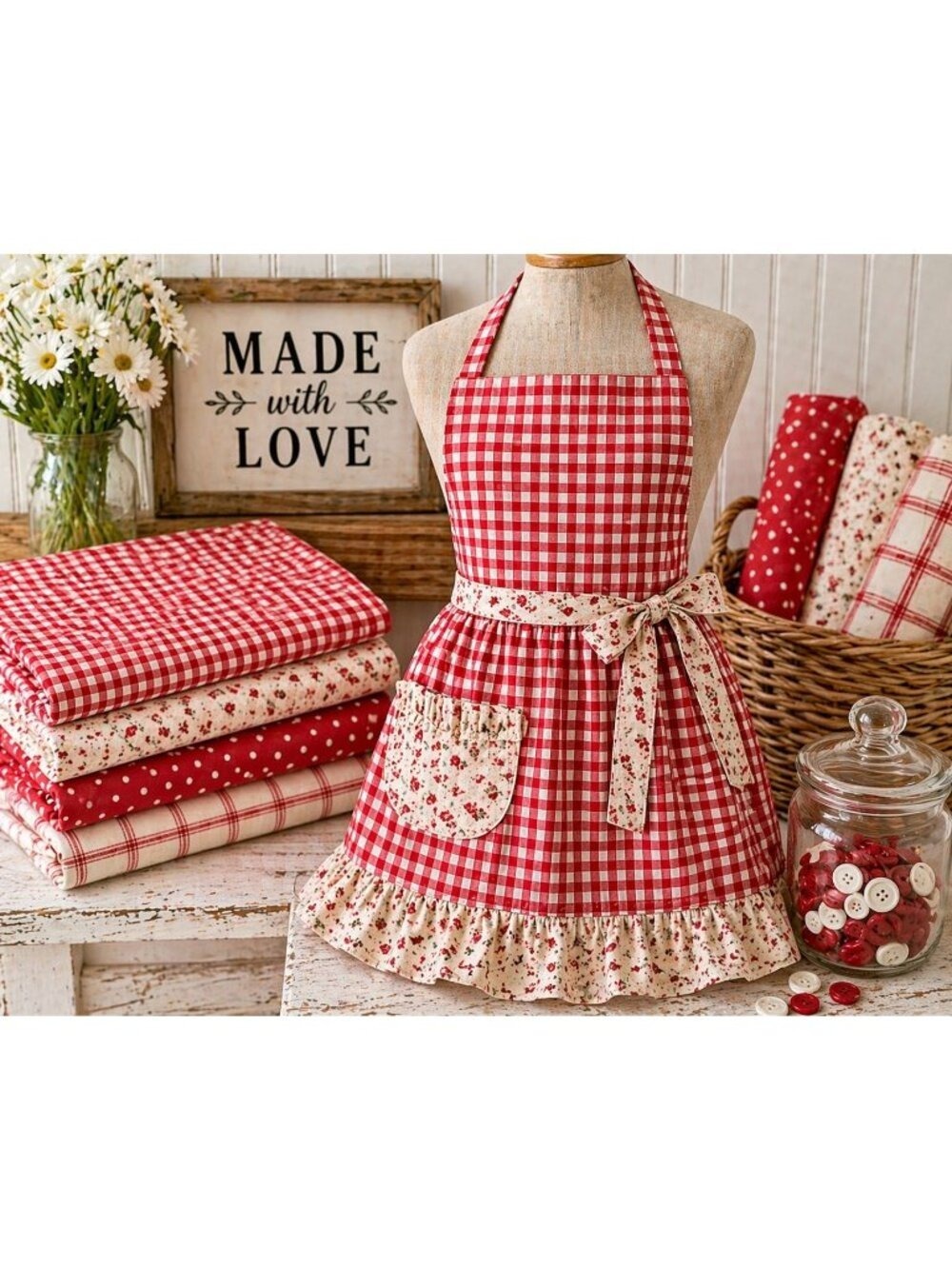 Red White Gingham Fabric 2 Yard Cotton Checkered Fabric Vintage Sewing Quilting - Picture 4 of 7